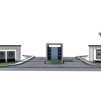 新中式小区大门SU模型下载
